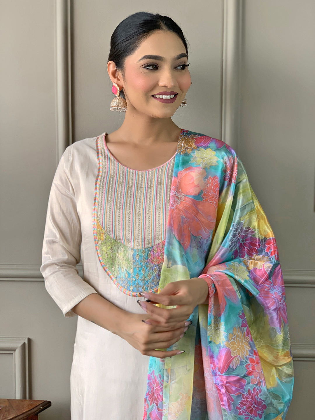 Women's Off White Georgette Kurta Set with Floral Dupatta, Embroidered Yoke, 3/4 Sleeves