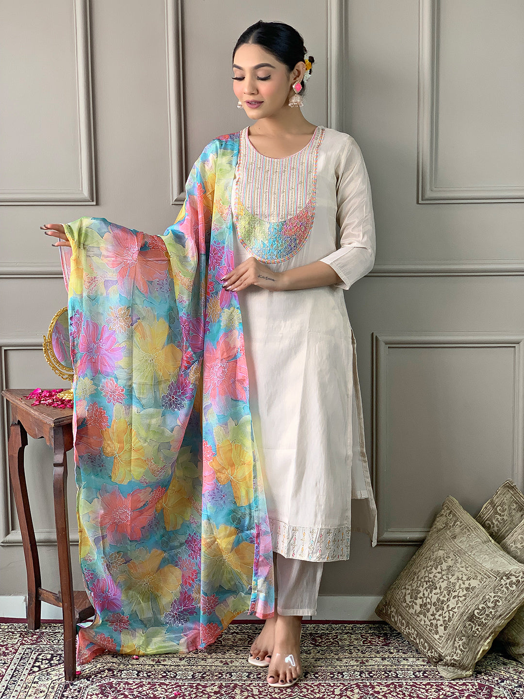 Women's Off White Georgette Kurta Set with Floral Dupatta, Embroidered Yoke, 3/4 Sleeves