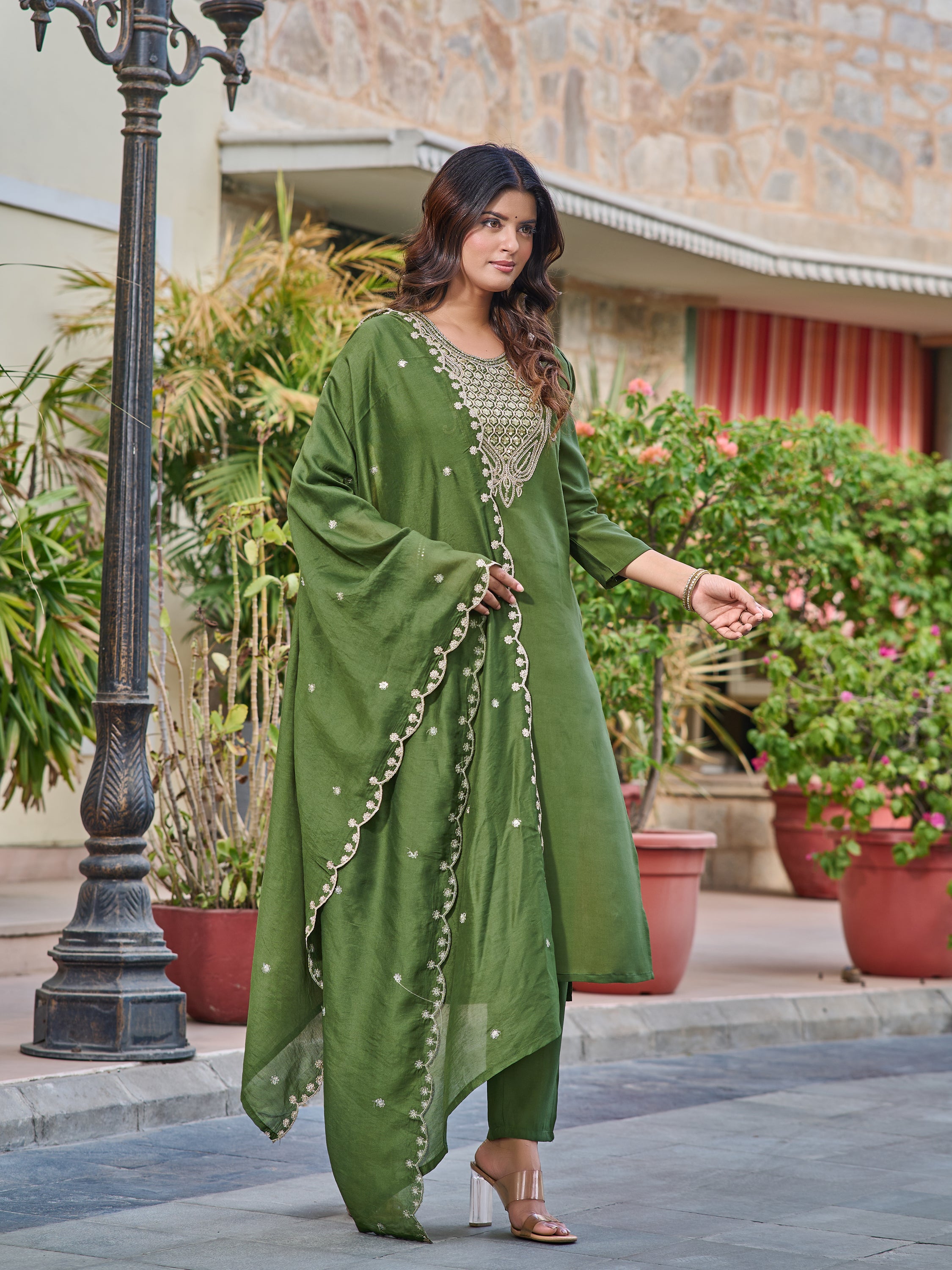Women's Green Chanderi Kurta Set, Embroidered Yoke, Floral Printed Dupatta, 3/4 Sleeve, Regular Fit