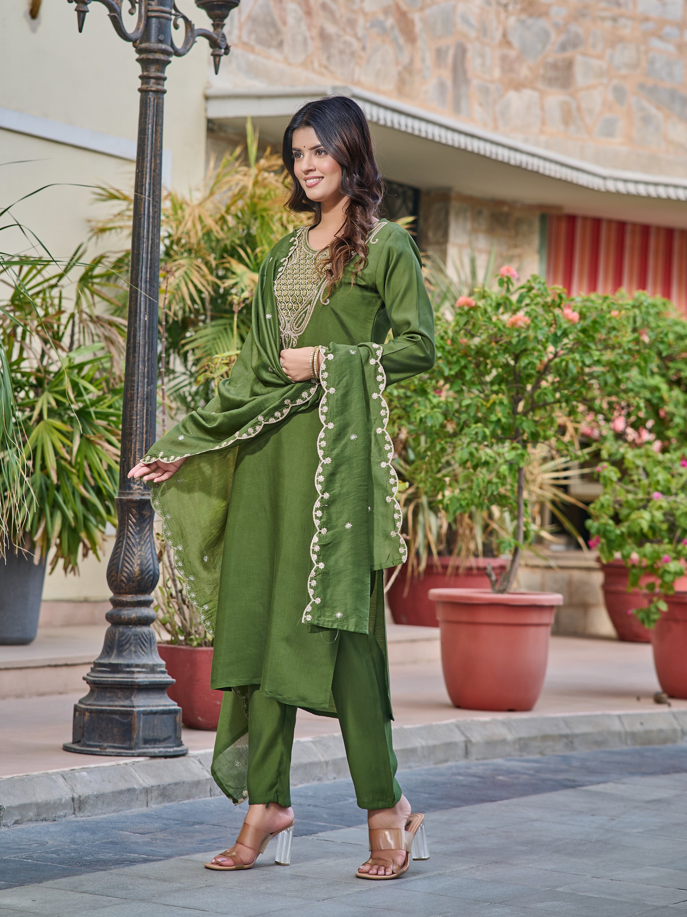 Women's Green Chanderi Kurta Set, Embroidered Yoke, Floral Printed Dupatta, 3/4 Sleeve, Regular Fit