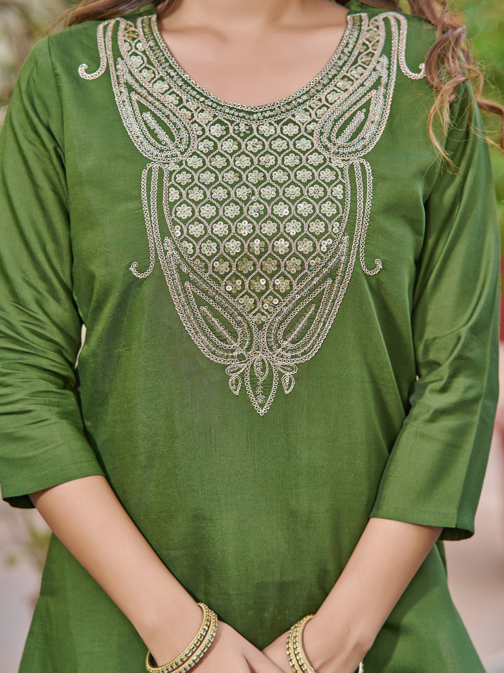 Women's Green Chanderi Kurta Set, Embroidered Yoke, Floral Printed Dupatta, 3/4 Sleeve, Regular Fit