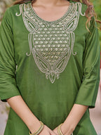Women's Green Chanderi Kurta Set, Embroidered Yoke, Floral Printed Dupatta, 3/4 Sleeve, Regular Fit