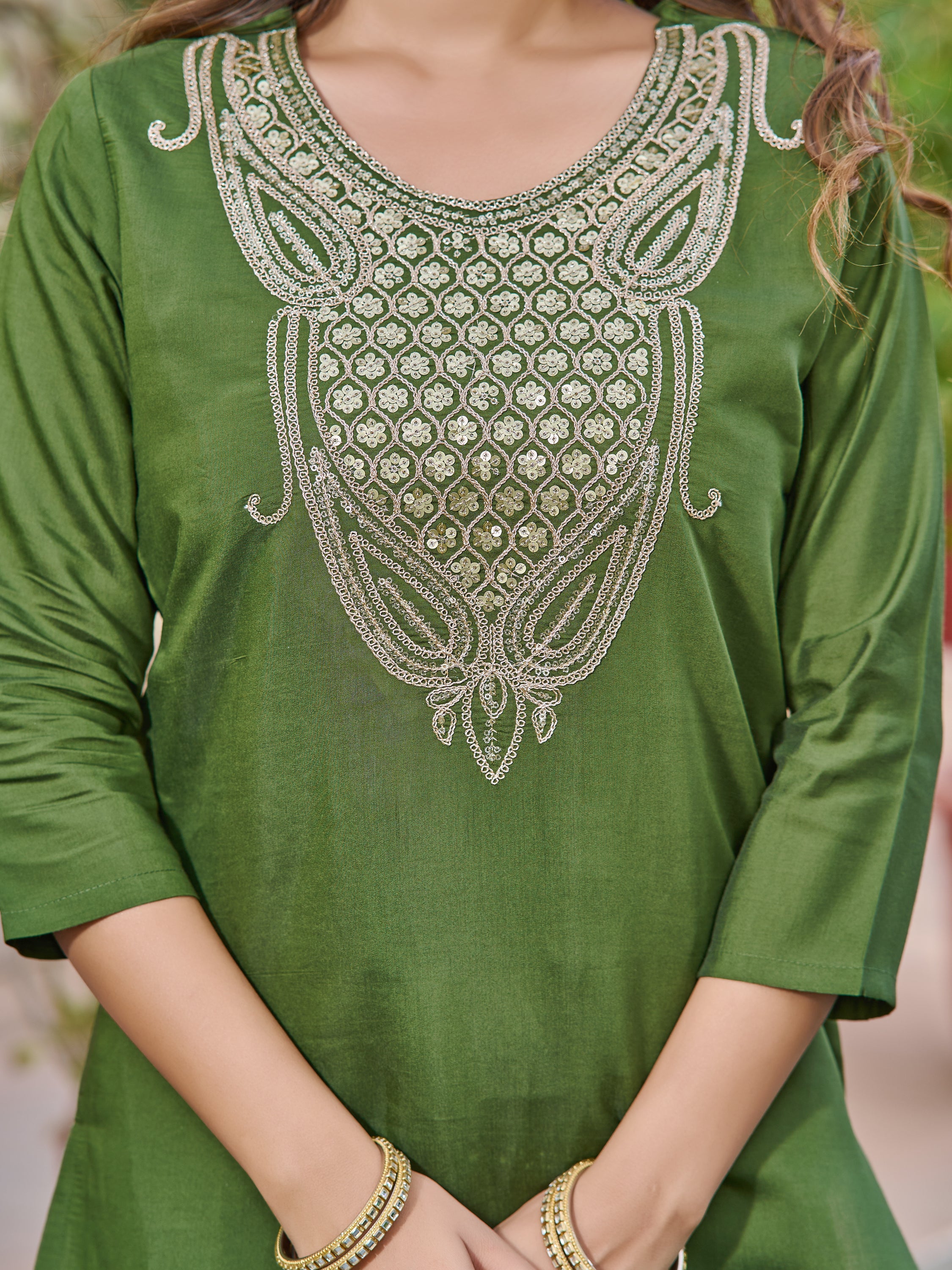 Women's Green Chanderi Kurta Set, Embroidered Yoke, Floral Printed Dupatta, 3/4 Sleeve, Regular Fit