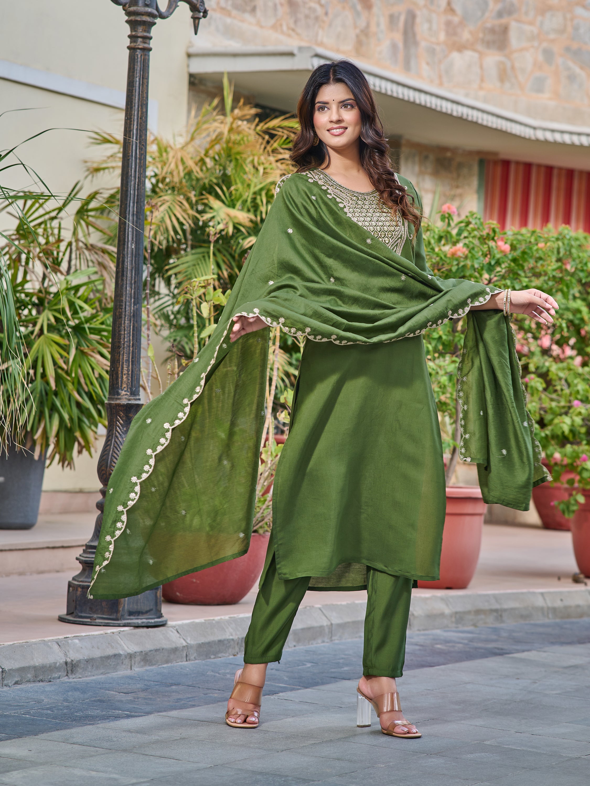 Women's Green Chanderi Kurta Set, Embroidered Yoke, Floral Printed Dupatta, 3/4 Sleeve, Regular Fit