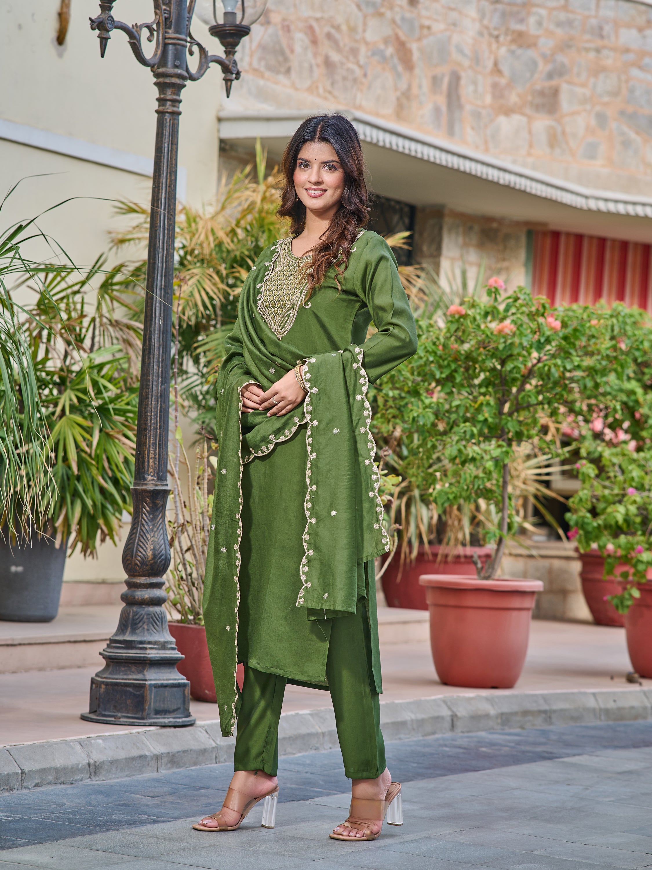 Women's Green Chanderi Kurta Set, Embroidered Yoke, Floral Printed Dupatta, 3/4 Sleeve, Regular Fit