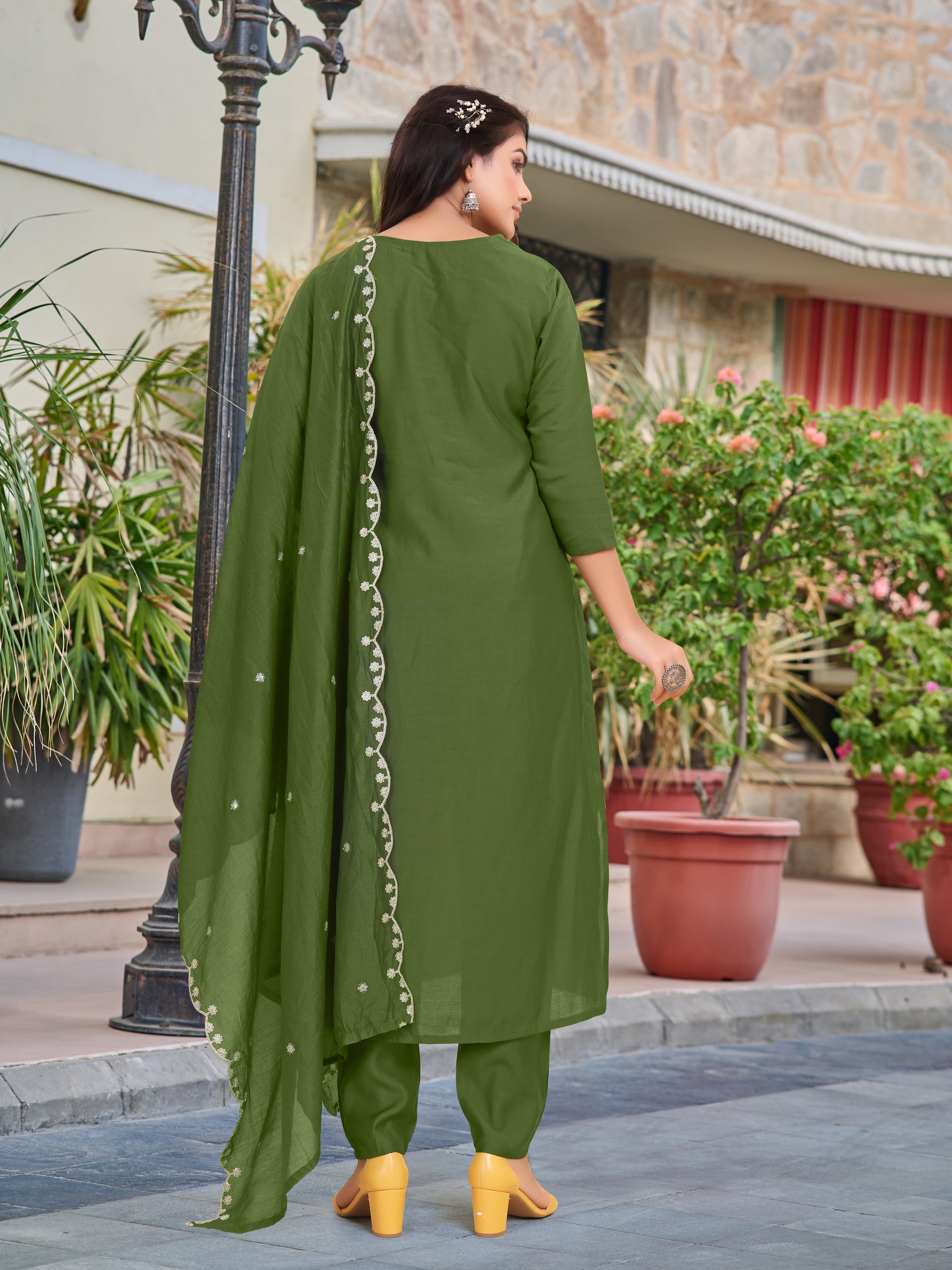 Women's Green Chanderi Kurta Set, Embroidered Yoke, Floral Printed Dupatta, 3/4 Sleeve, Regular Fit