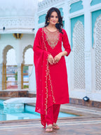 Women's Pink Chanderi Kurta Set, Embroidered Yoke, Floral Printed Dupatta, 3/4 Sleeve, Regular Fit