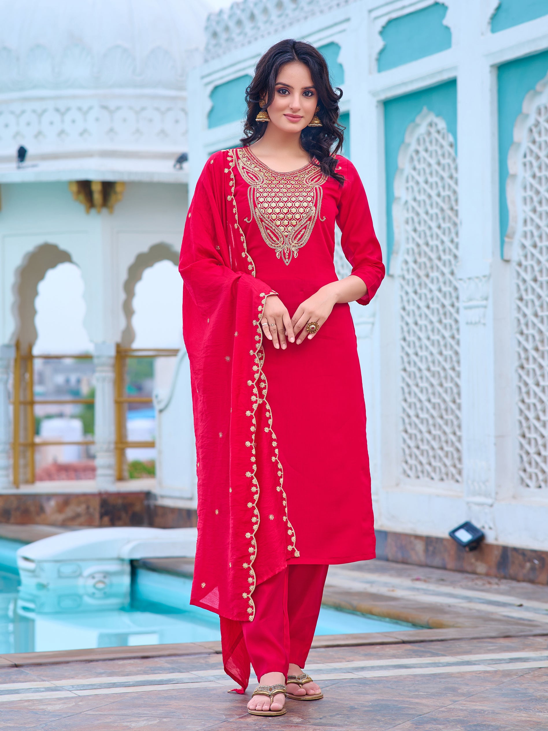 Women's Pink Chanderi Kurta Set, Embroidered Yoke, Floral Printed Dupatta, 3/4 Sleeve, Regular Fit
