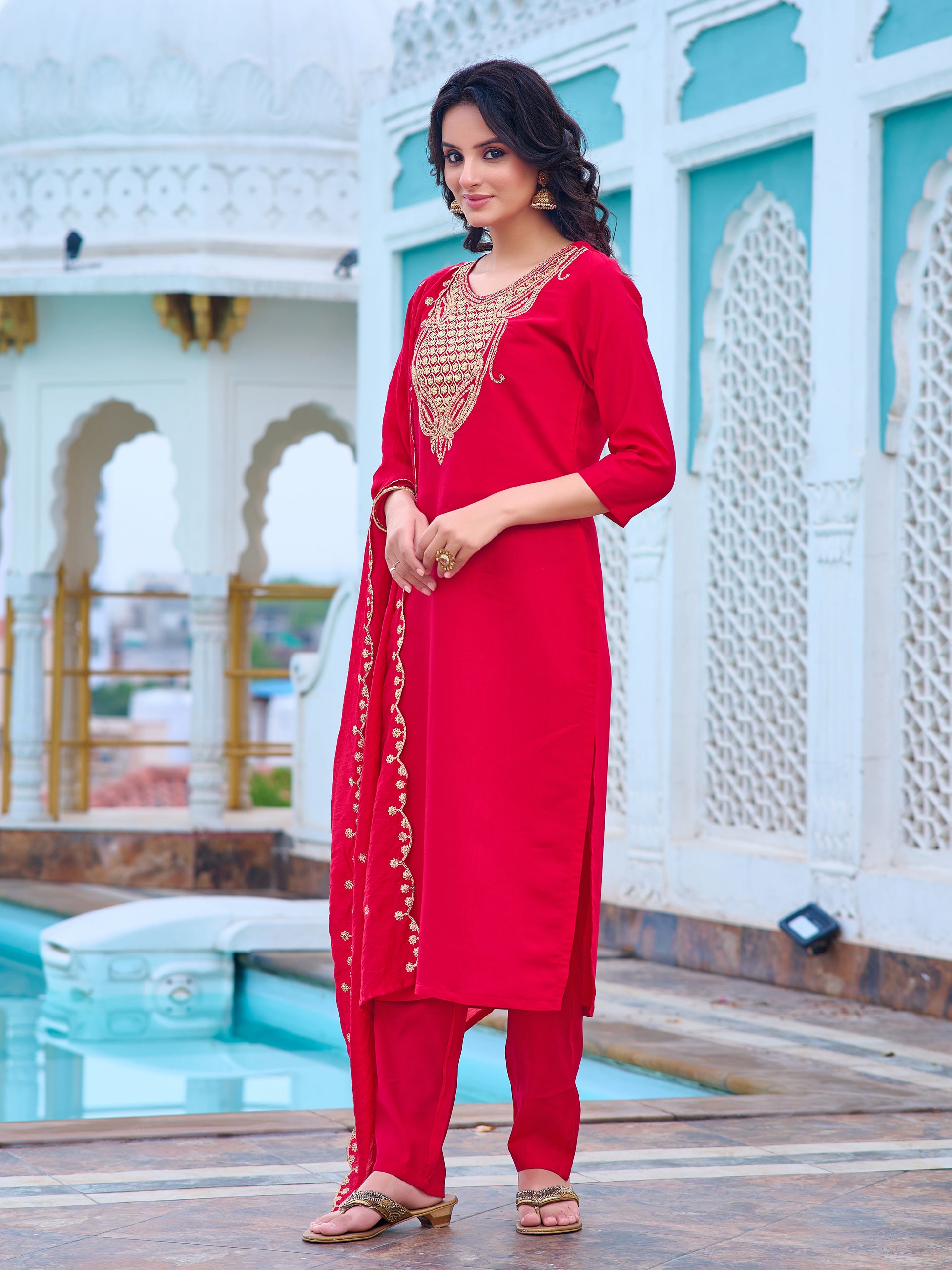 Women's Pink Chanderi Kurta Set, Embroidered Yoke, Floral Printed Dupatta, 3/4 Sleeve, Regular Fit