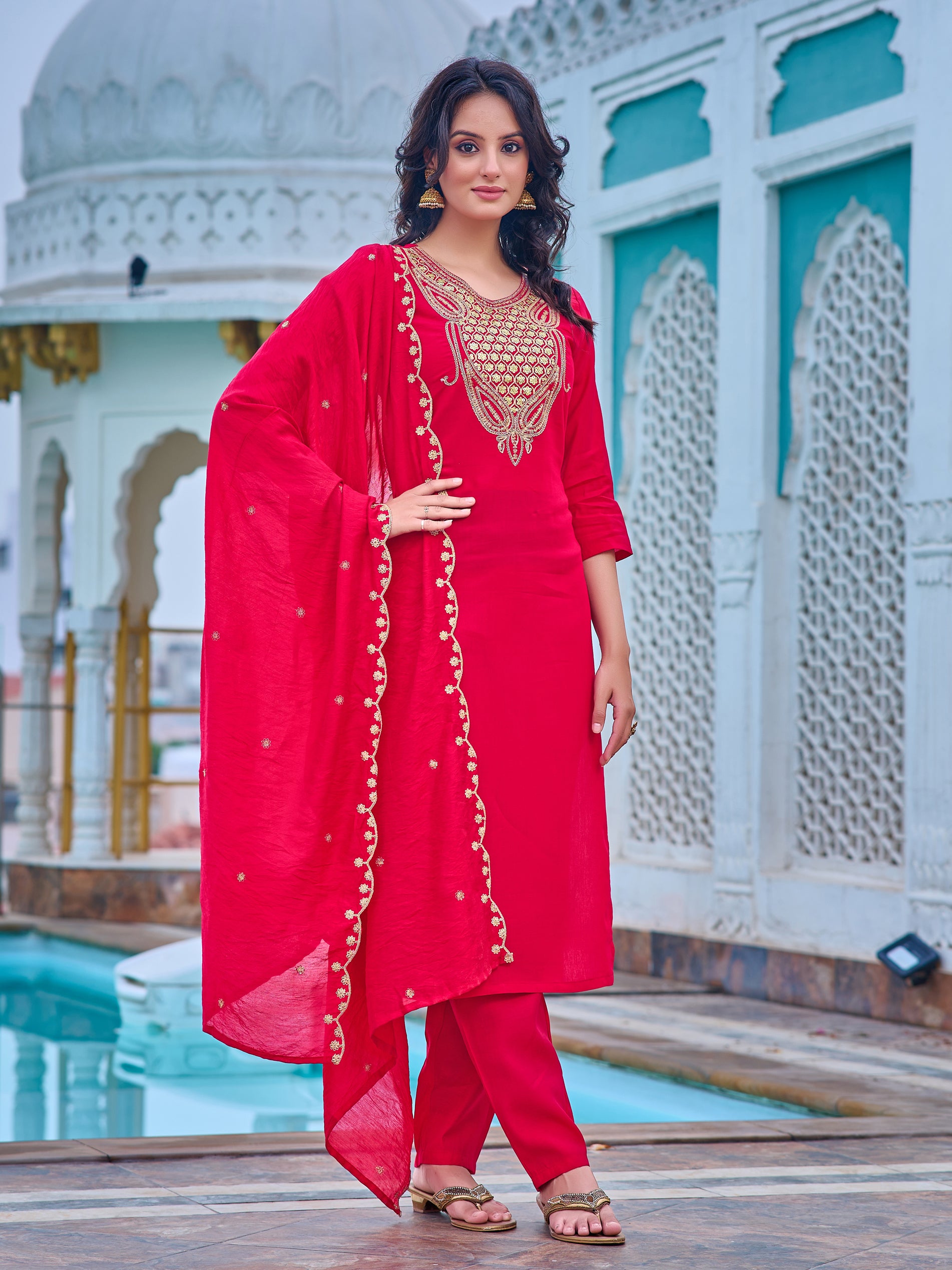 Women's Pink Chanderi Kurta Set, Embroidered Yoke, Floral Printed Dupatta, 3/4 Sleeve, Regular Fit