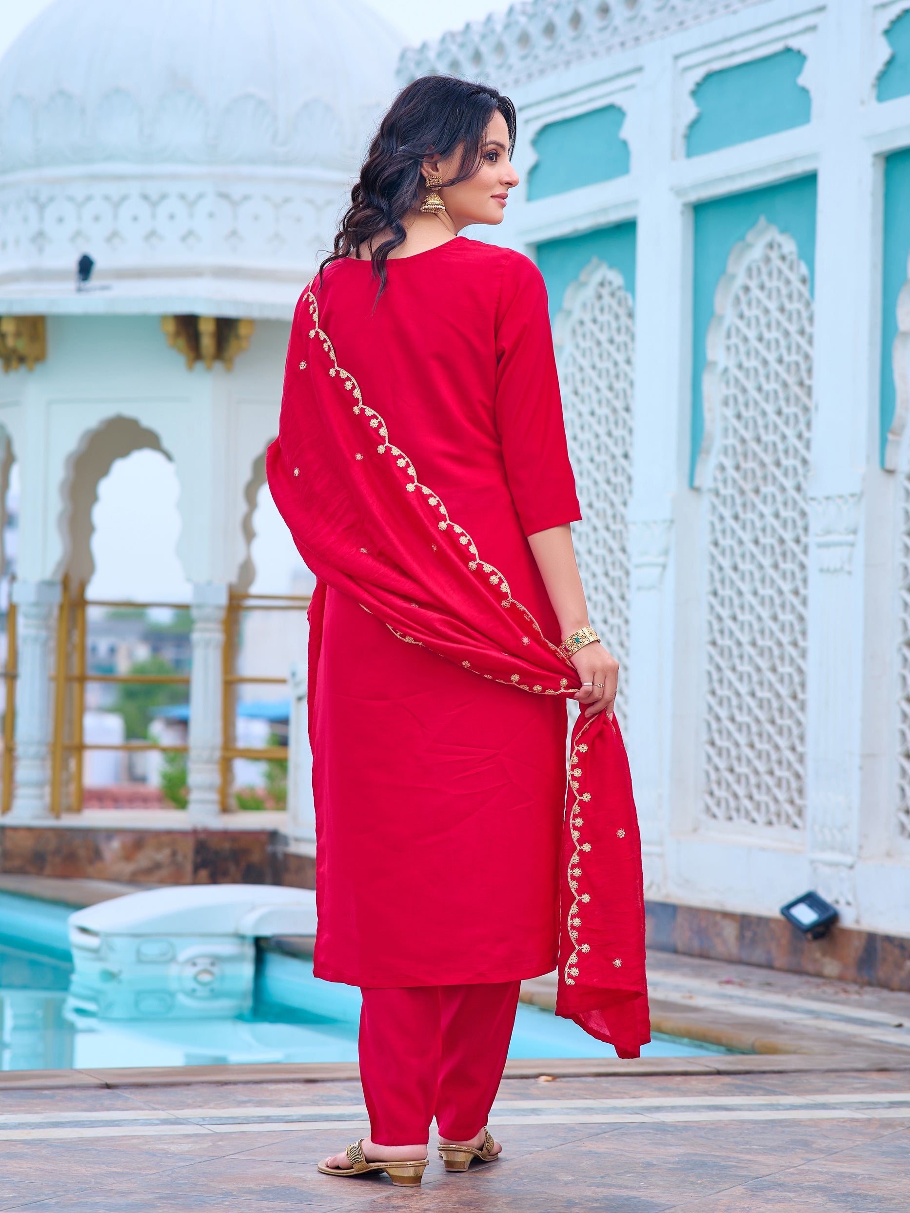 Women's Pink Chanderi Kurta Set, Embroidered Yoke, Floral Printed Dupatta, 3/4 Sleeve, Regular Fit