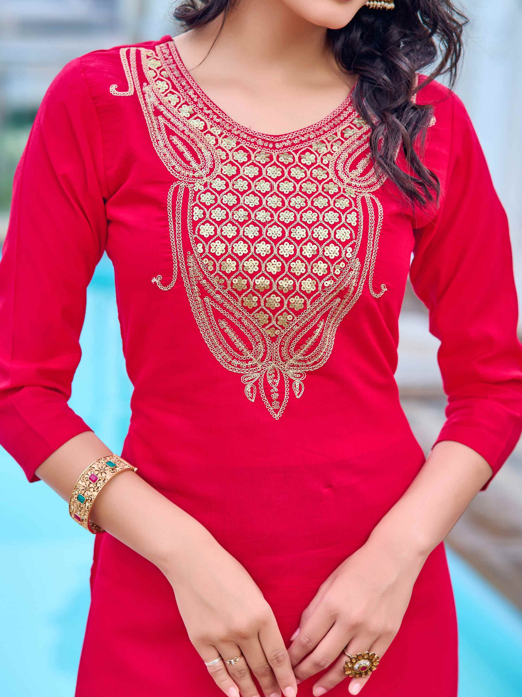 Women's Pink Chanderi Kurta Set, Embroidered Yoke, Floral Printed Dupatta, 3/4 Sleeve, Regular Fit