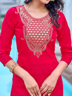 Women's Pink Chanderi Kurta Set, Embroidered Yoke, Floral Printed Dupatta, 3/4 Sleeve, Regular Fit