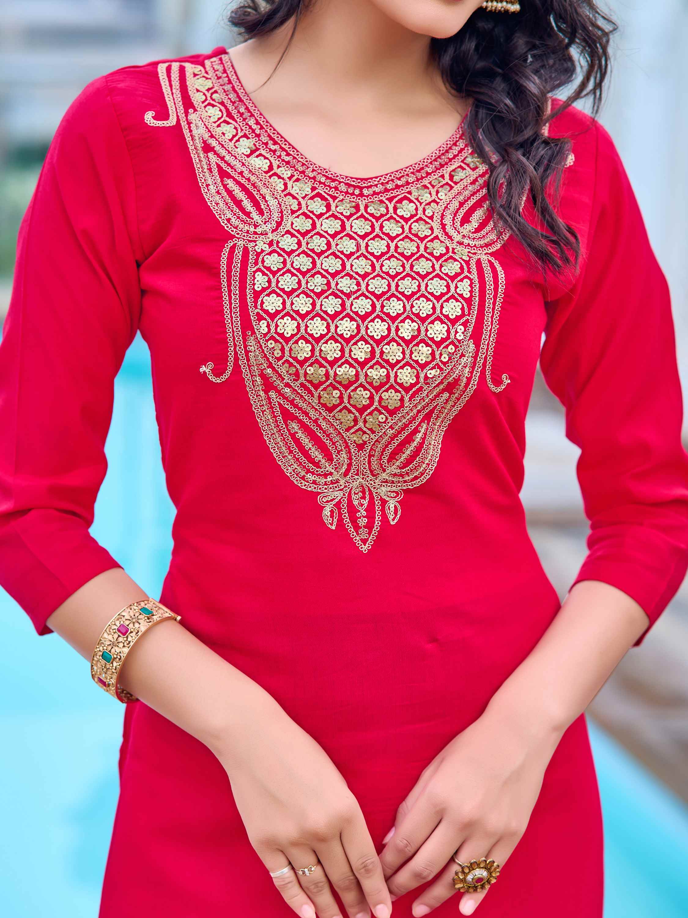 Women's Pink Chanderi Kurta Set, Embroidered Yoke, Floral Printed Dupatta, 3/4 Sleeve, Regular Fit
