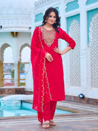 Women's Pink Chanderi Kurta Set, Embroidered Yoke, Floral Printed Dupatta, 3/4 Sleeve, Regular Fit