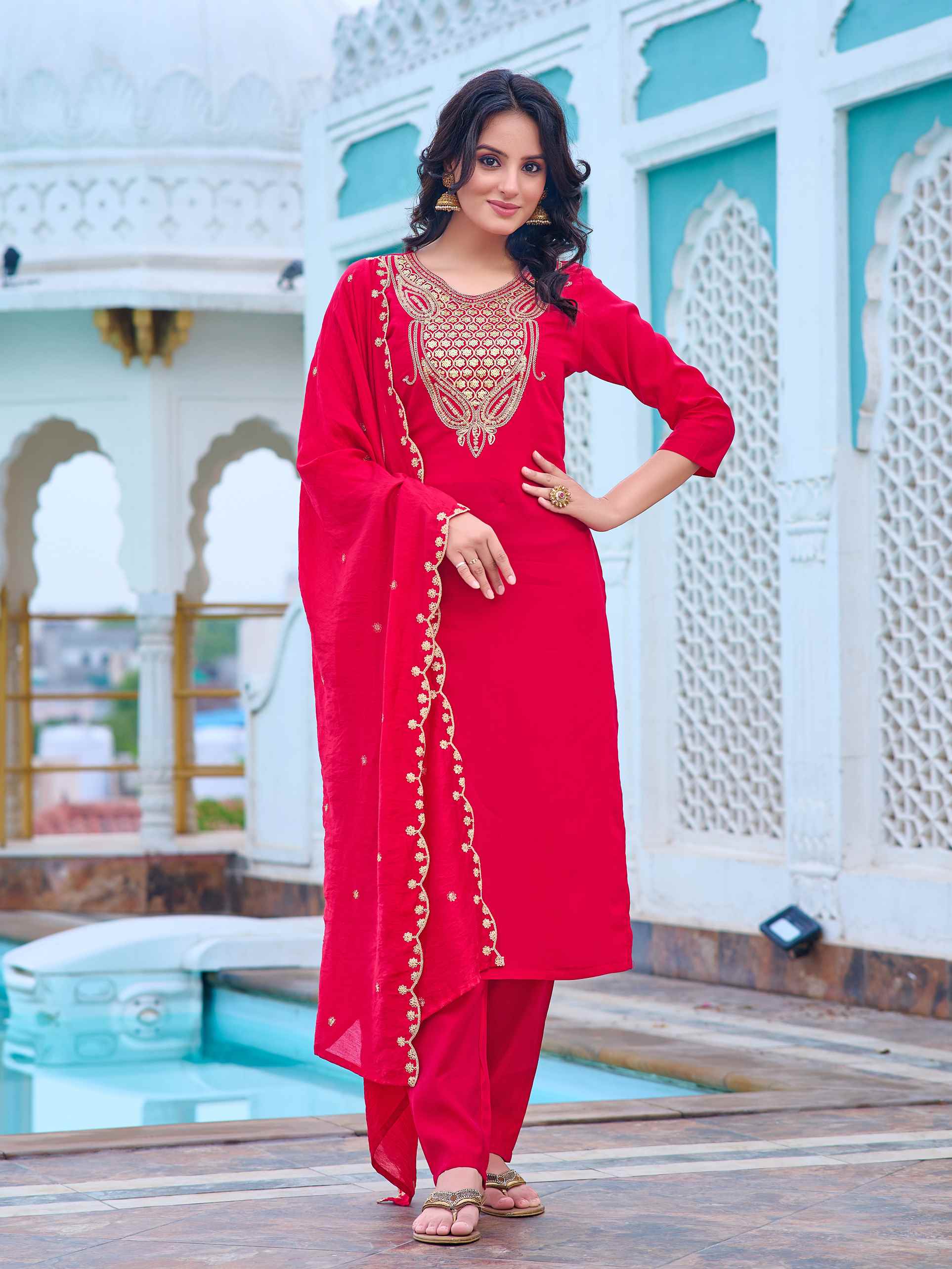 Women's Pink Chanderi Kurta Set, Embroidered Yoke, Floral Printed Dupatta, 3/4 Sleeve, Regular Fit