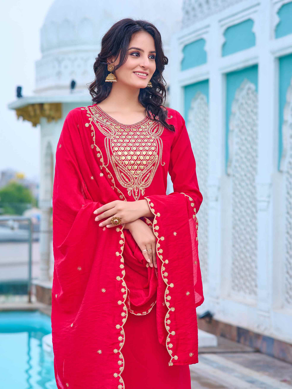 Women's Pink Chanderi Kurta Set, Embroidered Yoke, Floral Printed Dupatta, 3/4 Sleeve, Regular Fit