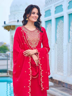 Women's Pink Chanderi Kurta Set, Embroidered Yoke, Floral Printed Dupatta, 3/4 Sleeve, Regular Fit