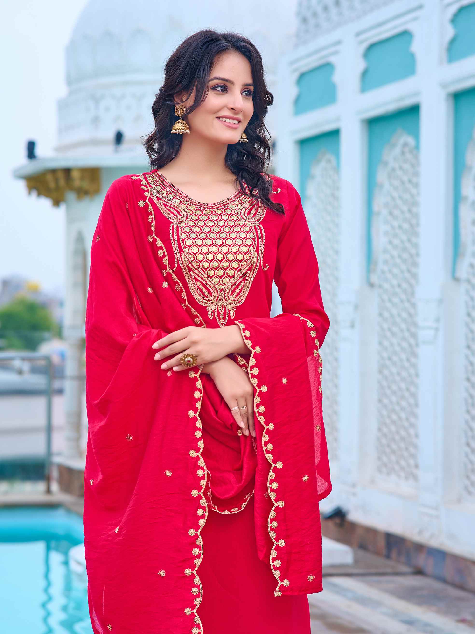 Women's Pink Chanderi Kurta Set, Embroidered Yoke, Floral Printed Dupatta, 3/4 Sleeve, Regular Fit