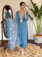 Women's Blue Vilscose Reyon Embroidered Kurta Set with Dupatta, 3/4 Sleeve, V Neck, Regular Fit