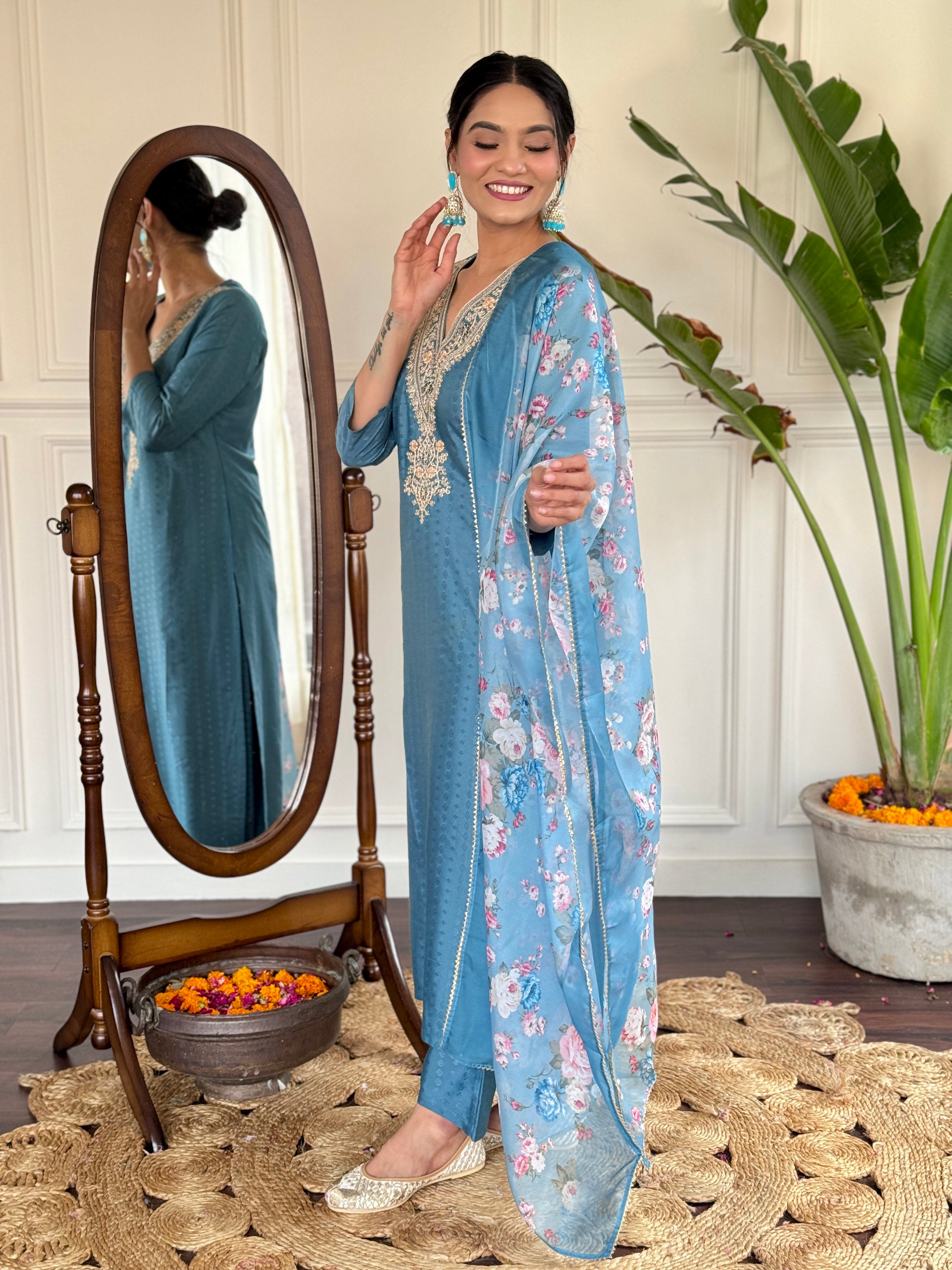 Women's Blue Vilscose Reyon Embroidered Kurta Set with Dupatta, 3/4 Sleeve, V Neck, Regular Fit