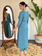 Women's Blue Vilscose Reyon Embroidered Kurta Set with Dupatta, 3/4 Sleeve, V Neck, Regular Fit