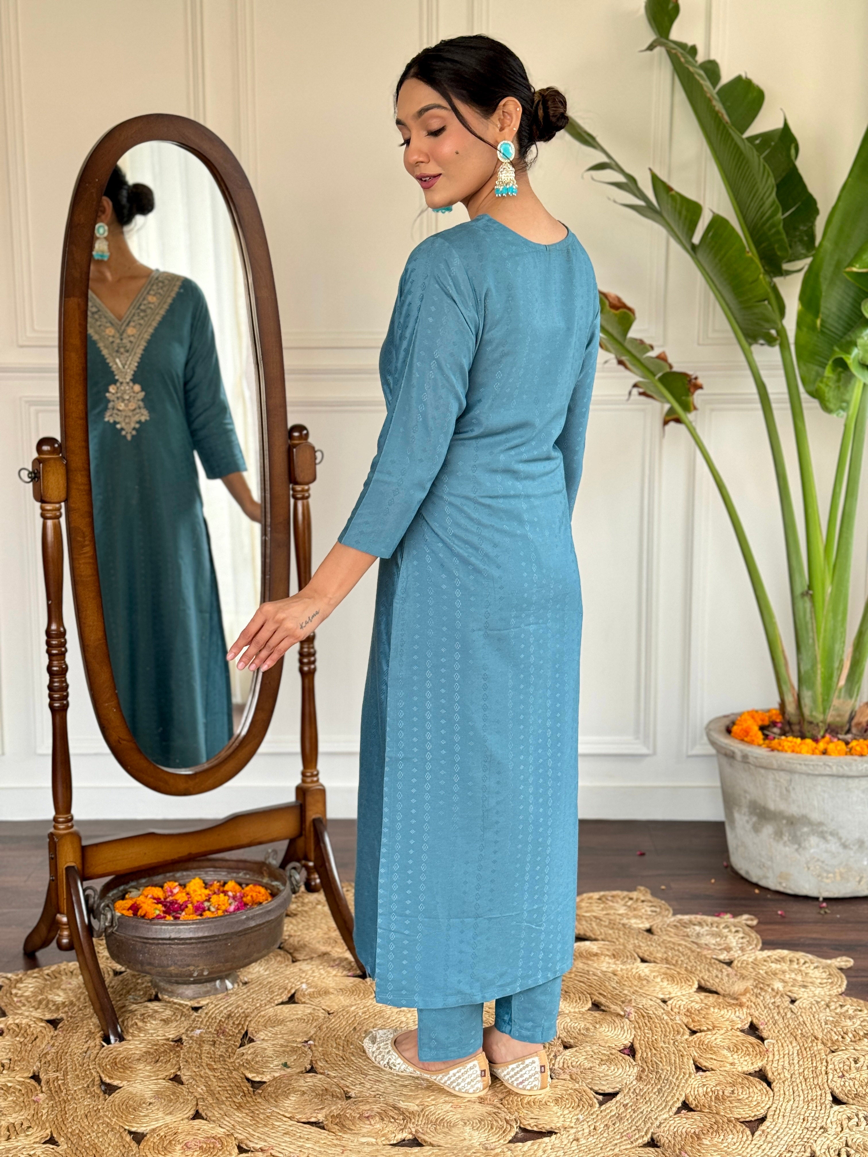 Women's Blue Vilscose Reyon Embroidered Kurta Set with Dupatta, 3/4 Sleeve, V Neck, Regular Fit