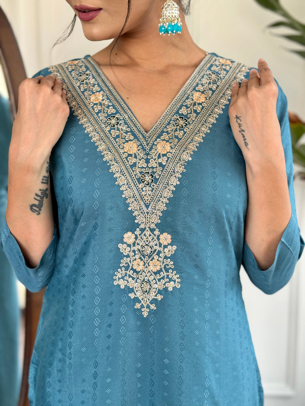 Women's Blue Vilscose Reyon Embroidered Kurta Set with Dupatta, 3/4 Sleeve, V Neck, Regular Fit
