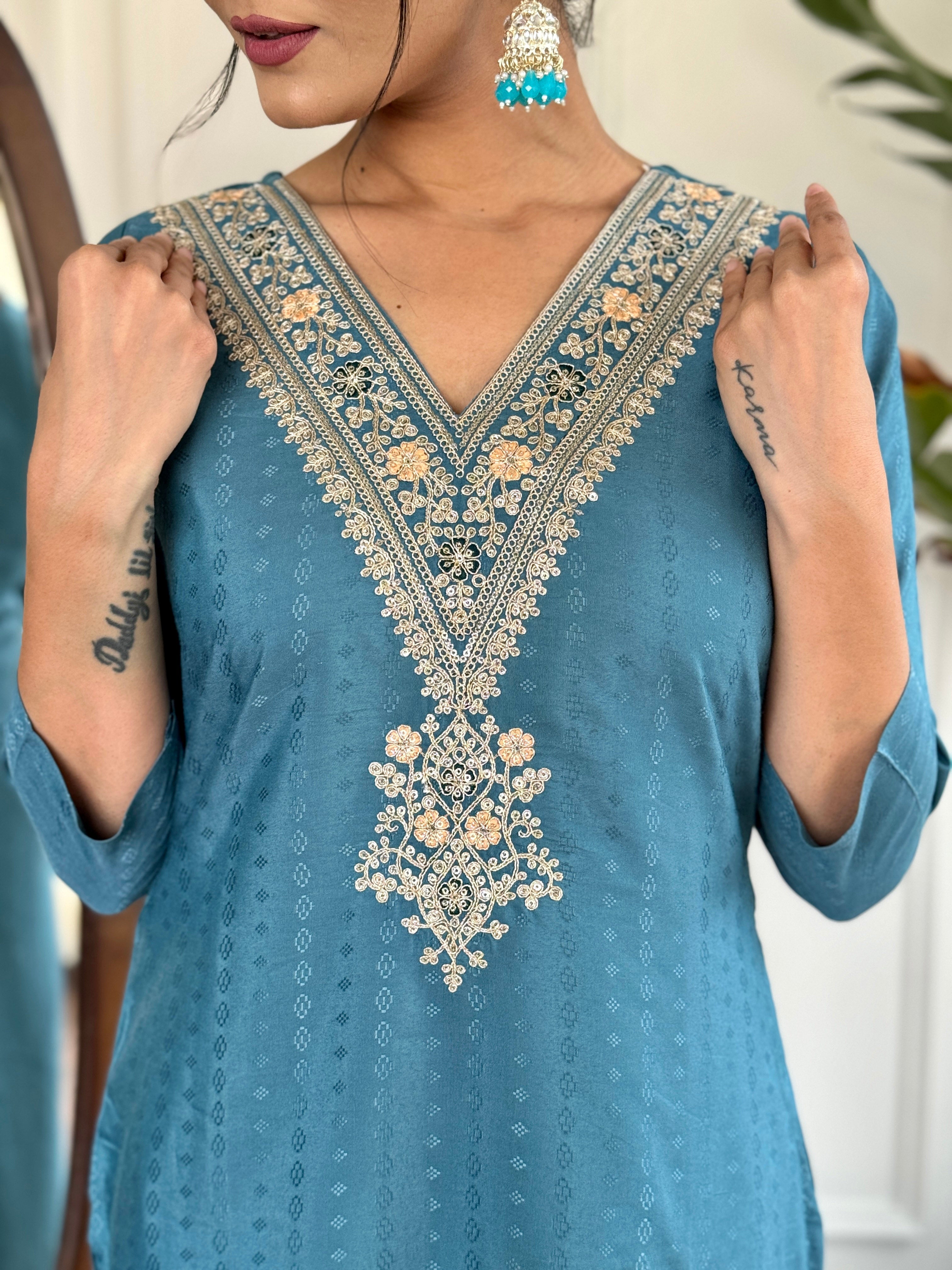 Women's Blue Vilscose Reyon Embroidered Kurta Set with Dupatta, 3/4 Sleeve, V Neck, Regular Fit
