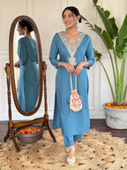 Women's Blue Vilscose Reyon Embroidered Kurta Set with Dupatta, 3/4 Sleeve, V Neck, Regular Fit