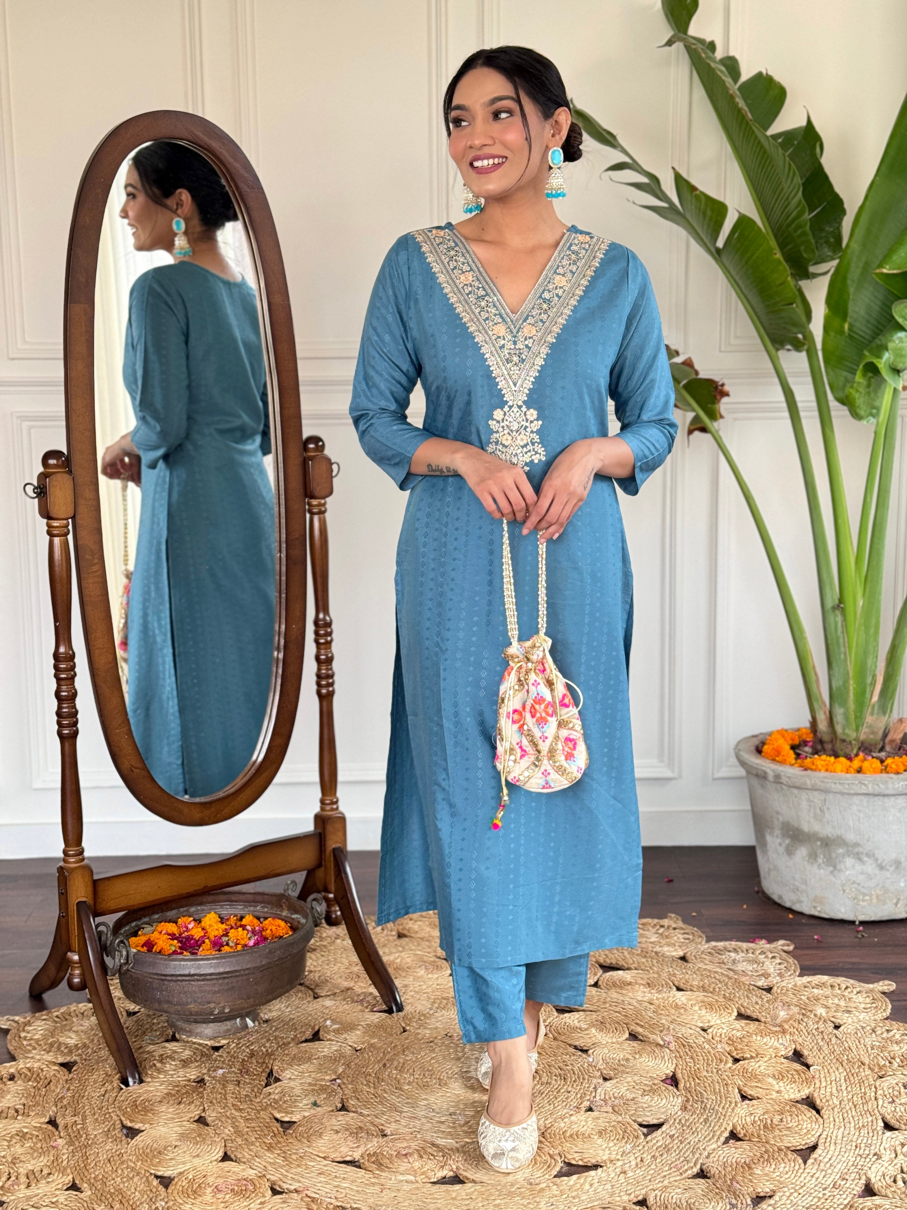 Women's Blue Vilscose Reyon Embroidered Kurta Set with Dupatta, 3/4 Sleeve, V Neck, Regular Fit