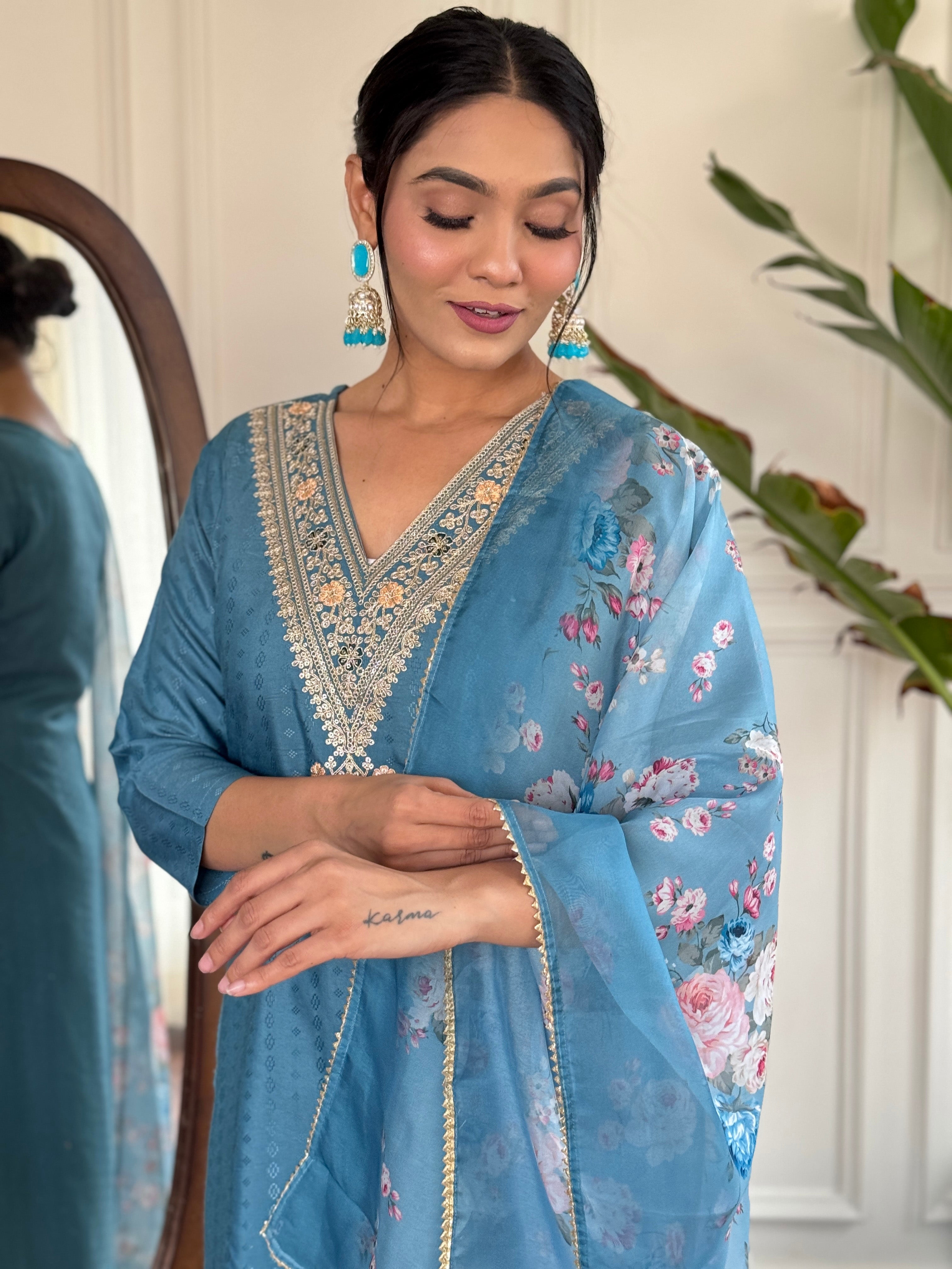 Women's Blue Vilscose Reyon Embroidered Kurta Set with Dupatta, 3/4 Sleeve, V Neck, Regular Fit