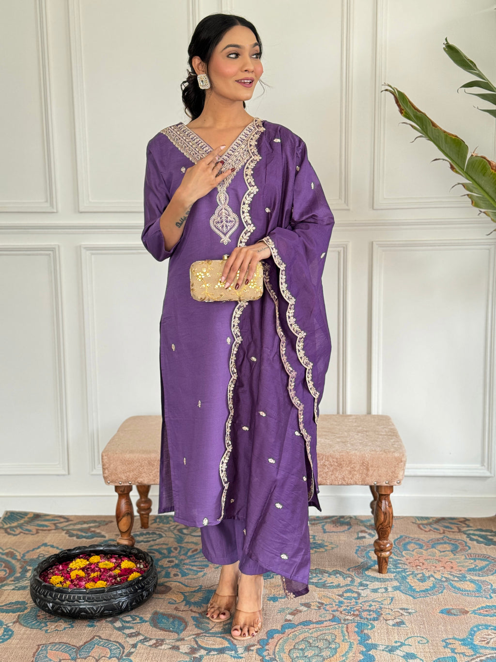 Women's Chanderi Kurta Set with Floral Dupatta, Purple Embroidered V-Neck, 3/4 Sleeve, Regular Fit