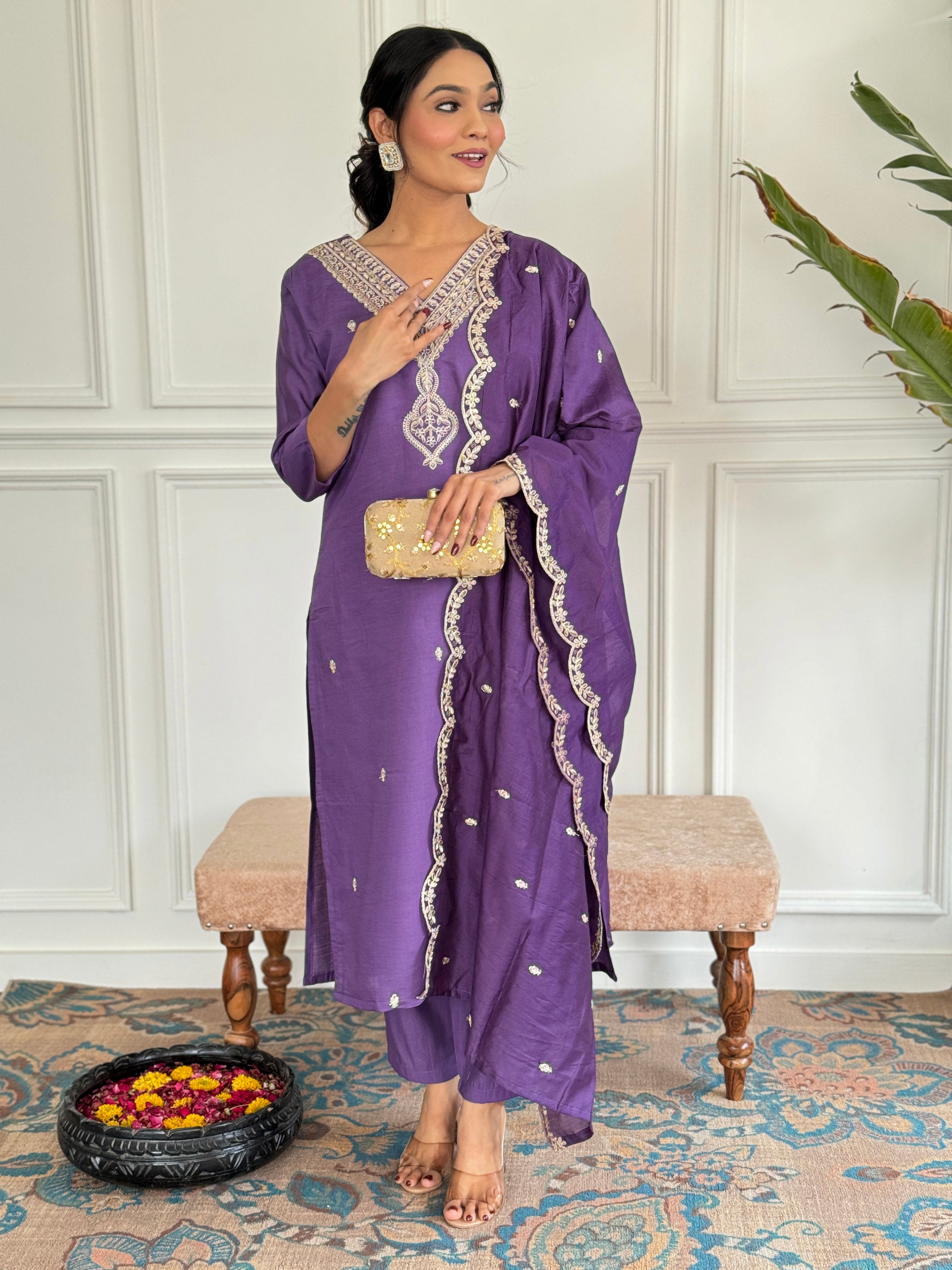 Women's Chanderi Kurta Set with Floral Dupatta, Purple Embroidered V-Neck, 3/4 Sleeve, Regular Fit