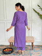 Women's Chanderi Kurta Set with Floral Dupatta, Purple Embroidered V-Neck, 3/4 Sleeve, Regular Fit