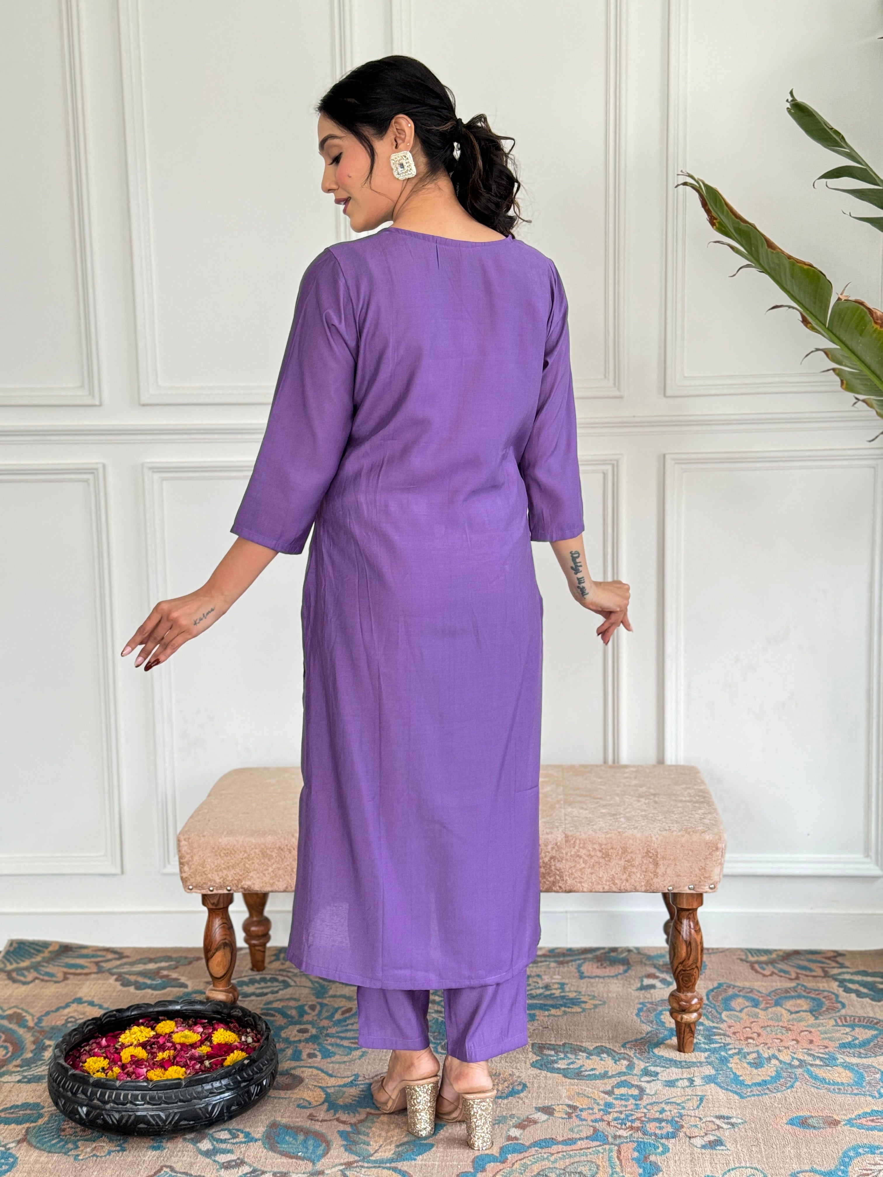 Women's Chanderi Kurta Set with Floral Dupatta, Purple Embroidered V-Neck, 3/4 Sleeve, Regular Fit