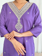 Women's Chanderi Kurta Set with Floral Dupatta, Purple Embroidered V-Neck, 3/4 Sleeve, Regular Fit