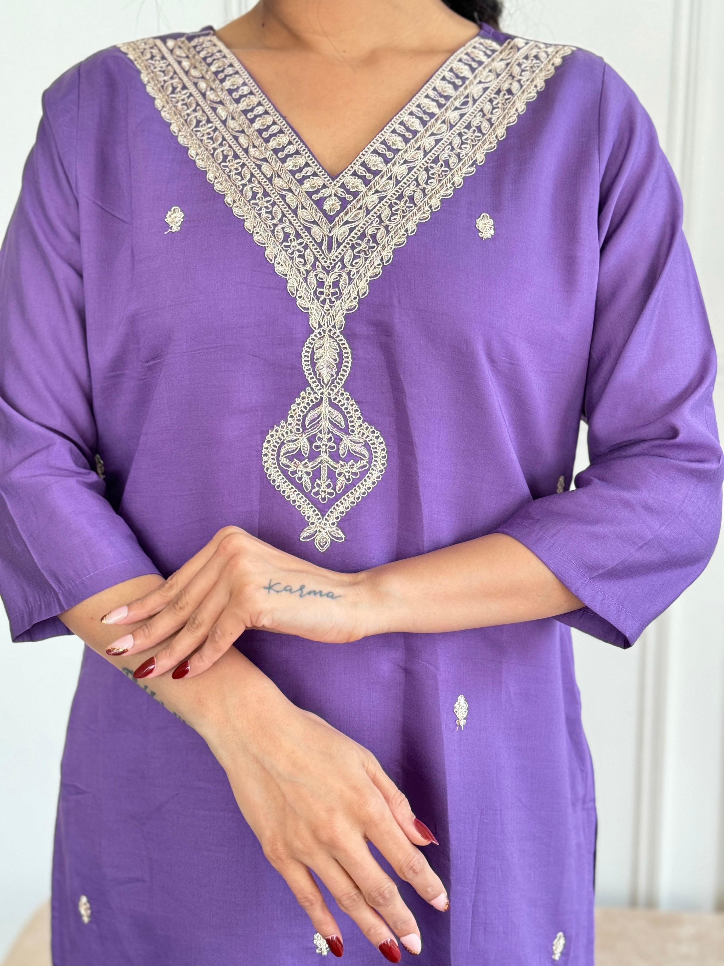 Women's Chanderi Kurta Set with Floral Dupatta, Purple Embroidered V-Neck, 3/4 Sleeve, Regular Fit