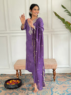 Women's Chanderi Kurta Set with Floral Dupatta, Purple Embroidered V-Neck, 3/4 Sleeve, Regular Fit