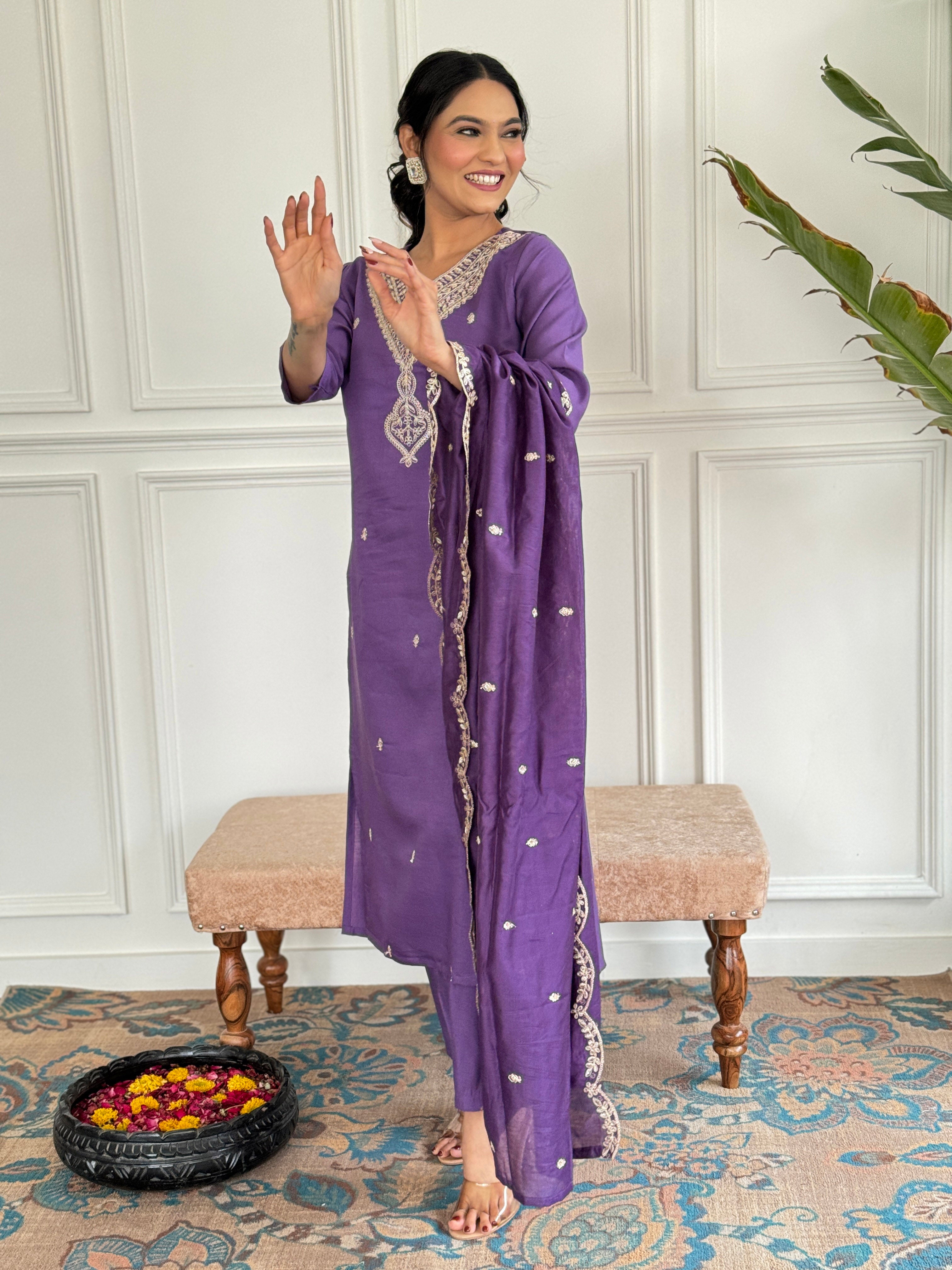 Women's Chanderi Kurta Set with Floral Dupatta, Purple Embroidered V-Neck, 3/4 Sleeve, Regular Fit