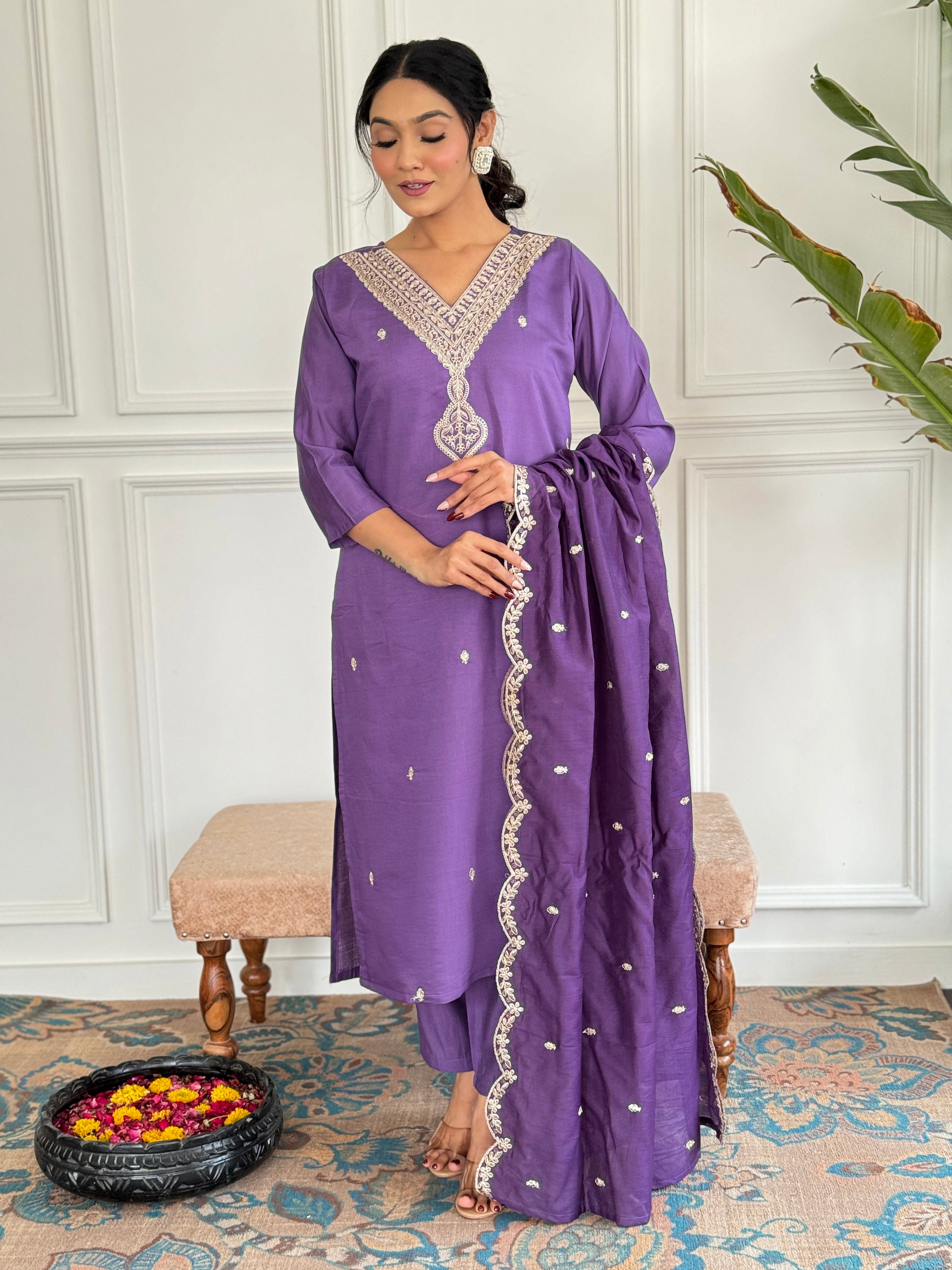 Women's Chanderi Kurta Set with Floral Dupatta, Purple Embroidered V-Neck, 3/4 Sleeve, Regular Fit