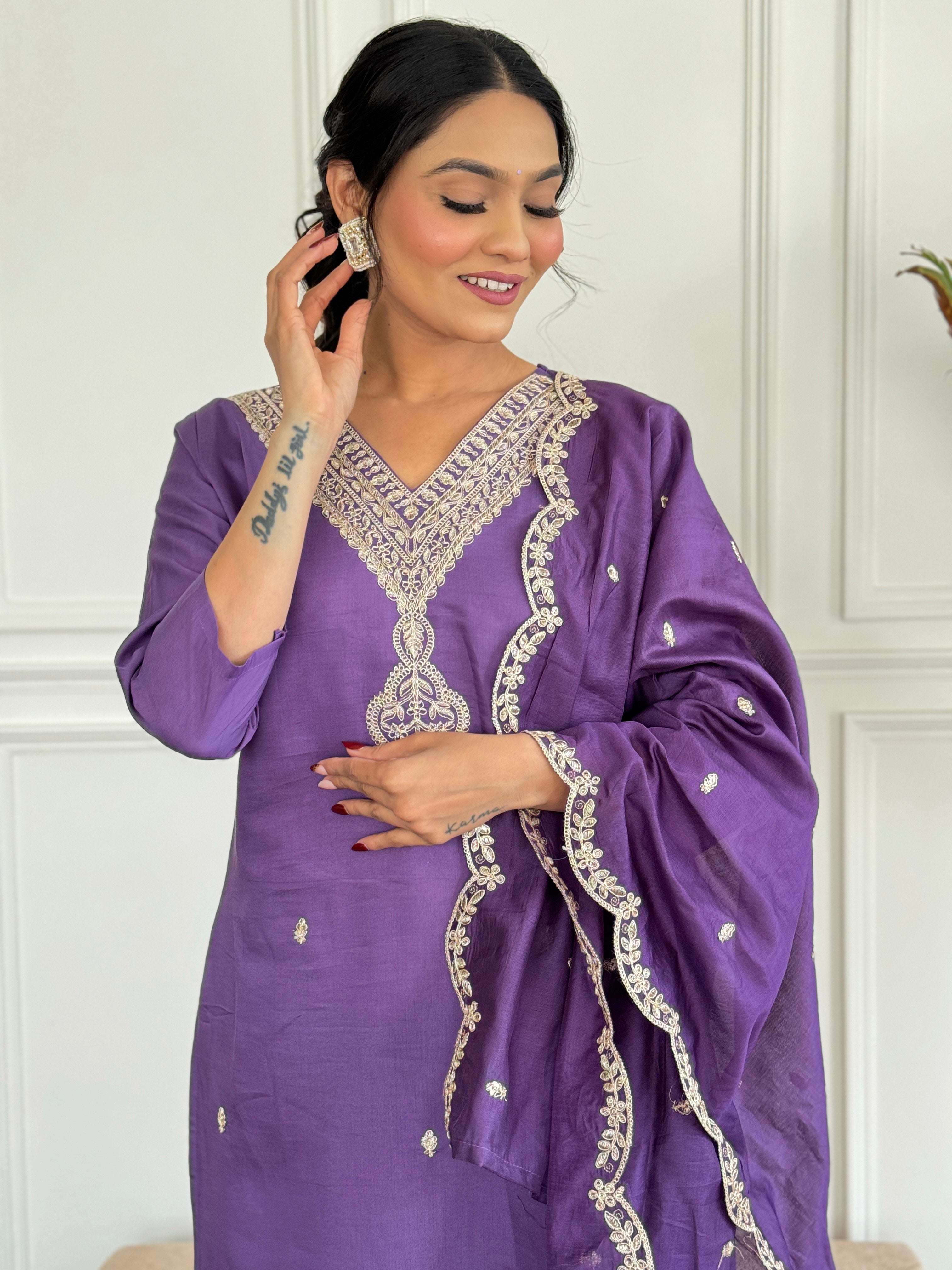 Women's Chanderi Kurta Set with Floral Dupatta, Purple Embroidered V-Neck, 3/4 Sleeve, Regular Fit