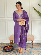 Women's Chanderi Kurta Set with Floral Dupatta, Purple Embroidered V-Neck, 3/4 Sleeve, Regular Fit