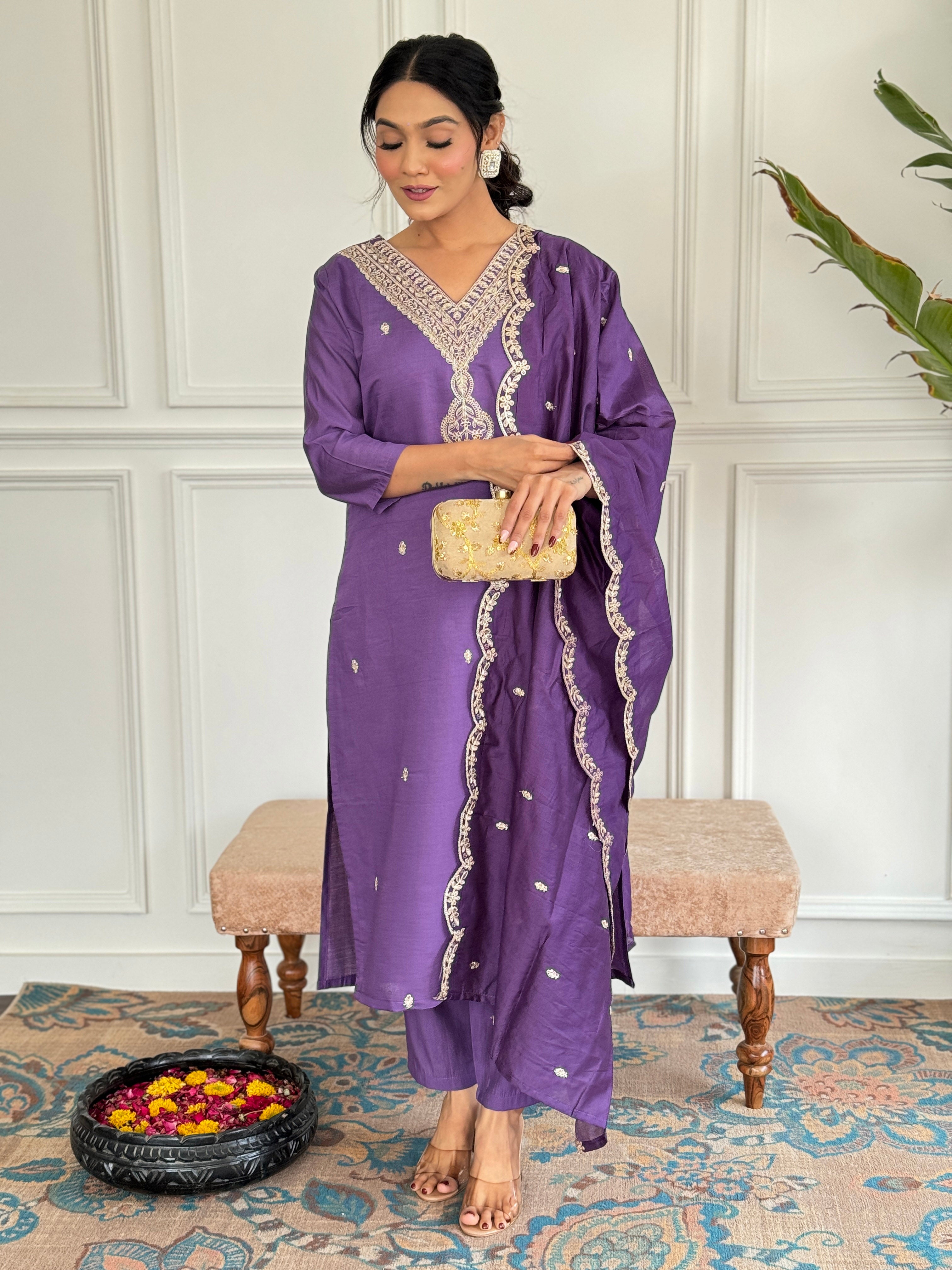 Women's Chanderi Kurta Set with Floral Dupatta, Purple Embroidered V-Neck, 3/4 Sleeve, Regular Fit