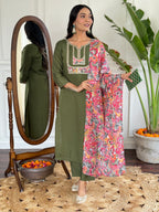 Women's Chanderi Green Kurta Set with Embroidered Yoke, 3/4 Sleeve, Round-Neck, Floral Printed Dupatta