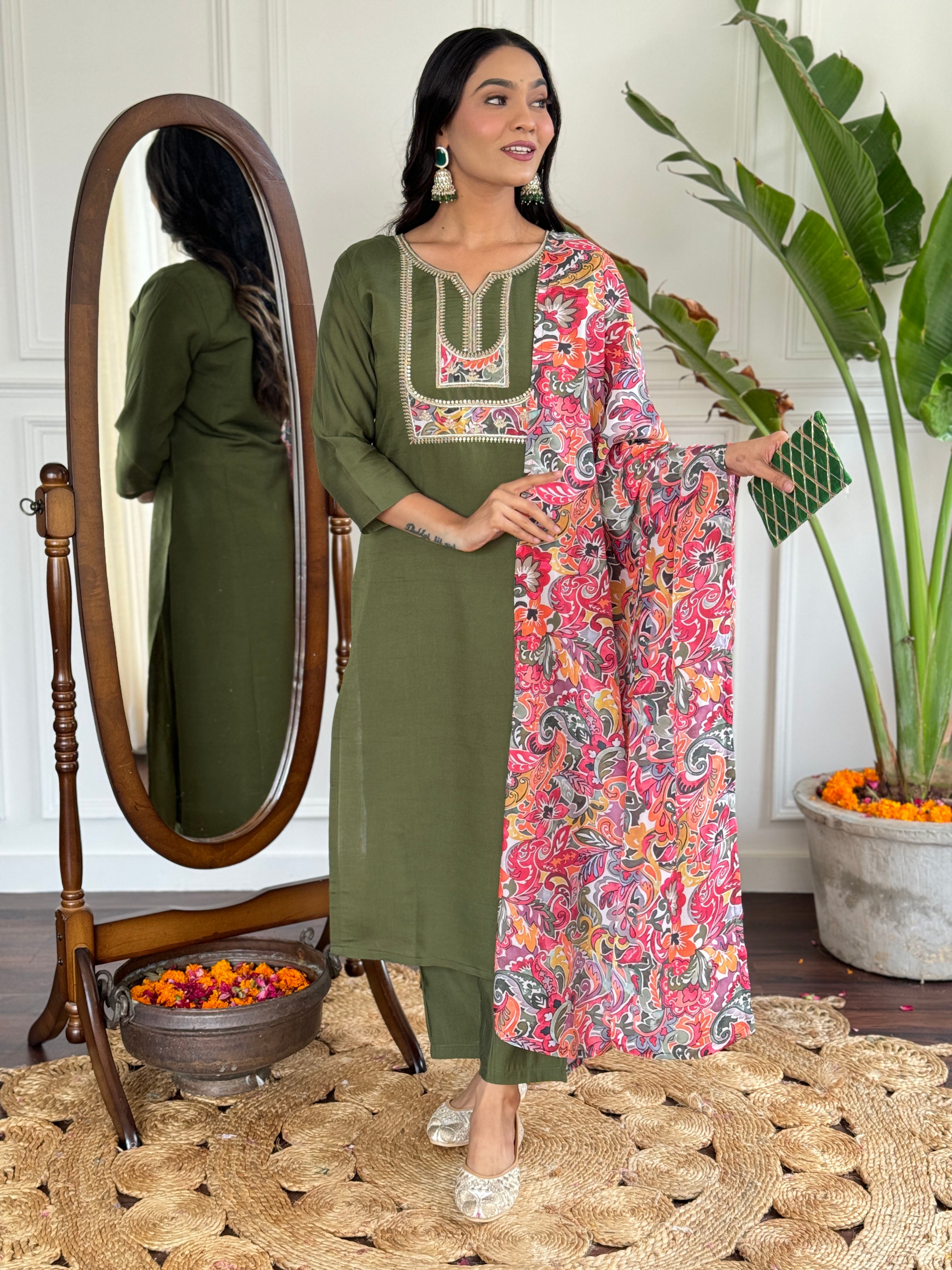 Women's Chanderi Green Kurta Set with Embroidered Yoke, 3/4 Sleeve, Round-Neck, Floral Printed Dupatta