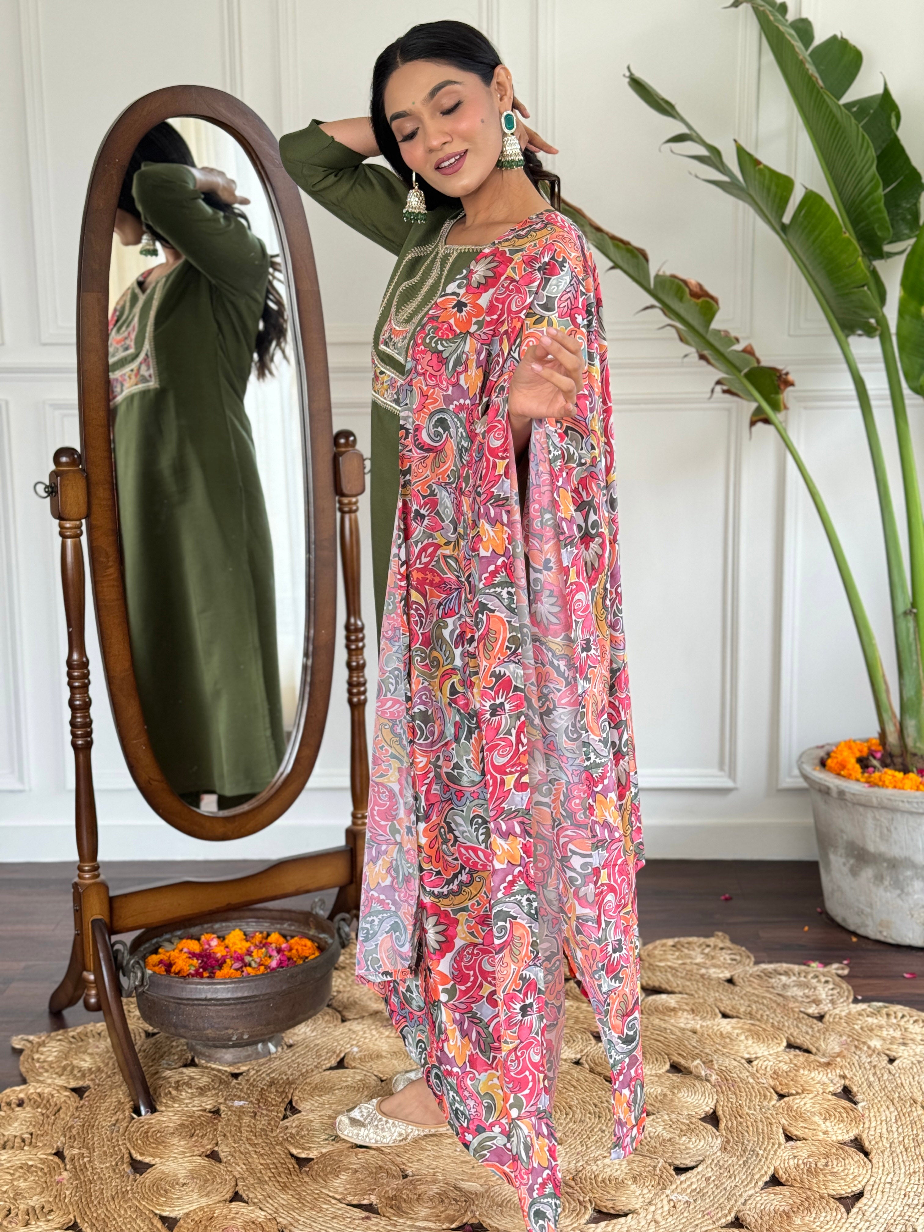 Women's Chanderi Green Kurta Set with Embroidered Yoke, 3/4 Sleeve, Round-Neck, Floral Printed Dupatta