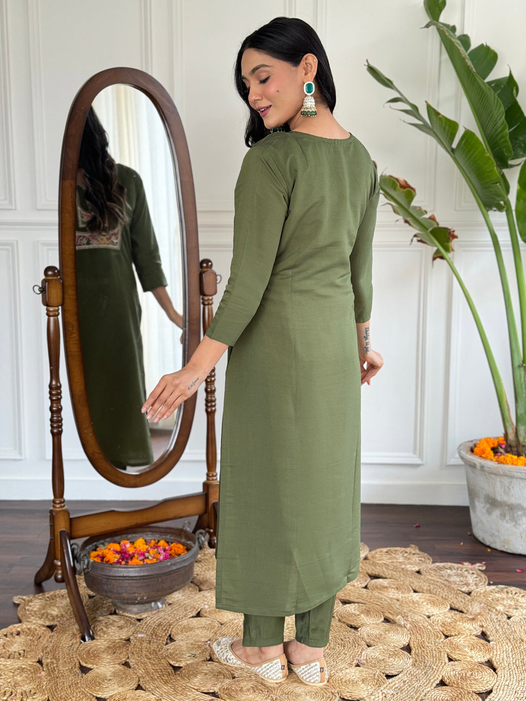 Women's Chanderi Green Kurta Set with Embroidered Yoke, 3/4 Sleeve, Round-Neck, Floral Printed Dupatta