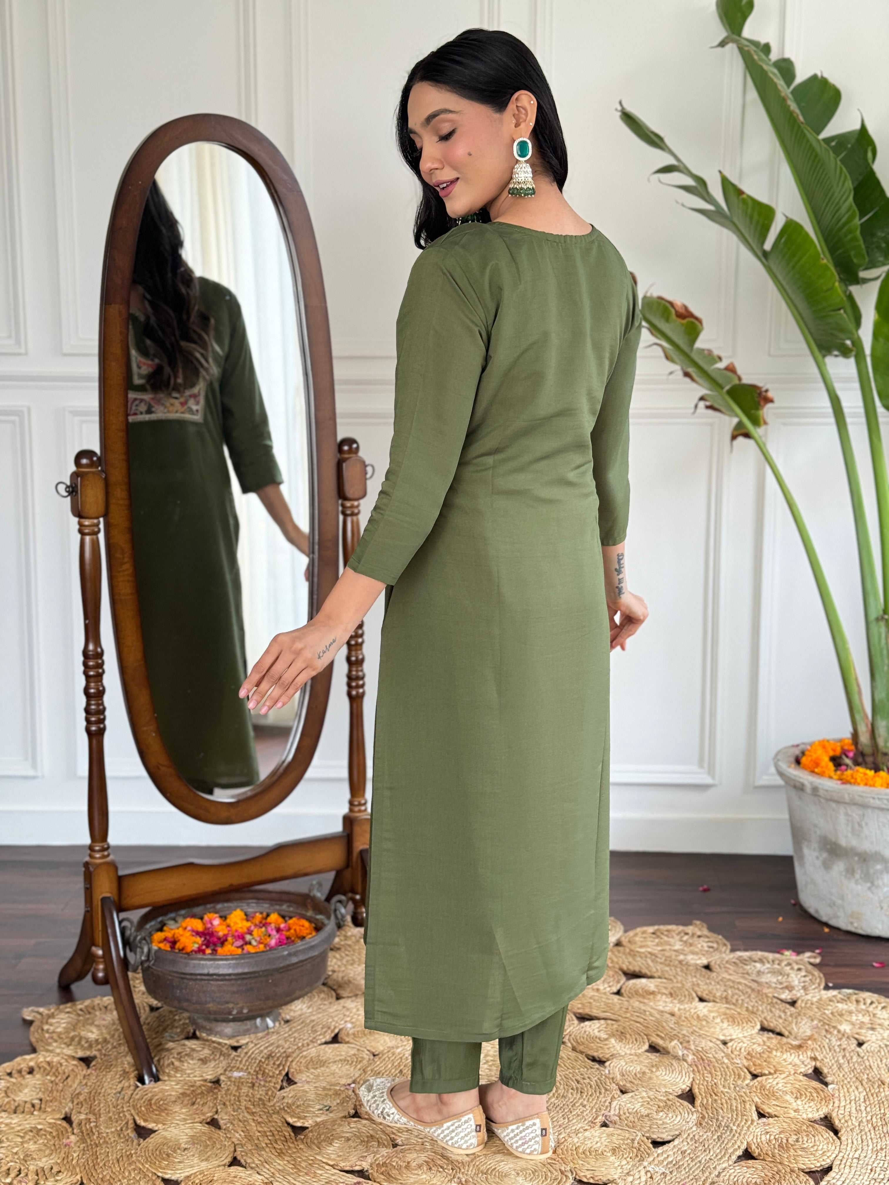 Women's Chanderi Green Kurta Set with Embroidered Yoke, 3/4 Sleeve, Round-Neck, Floral Printed Dupatta
