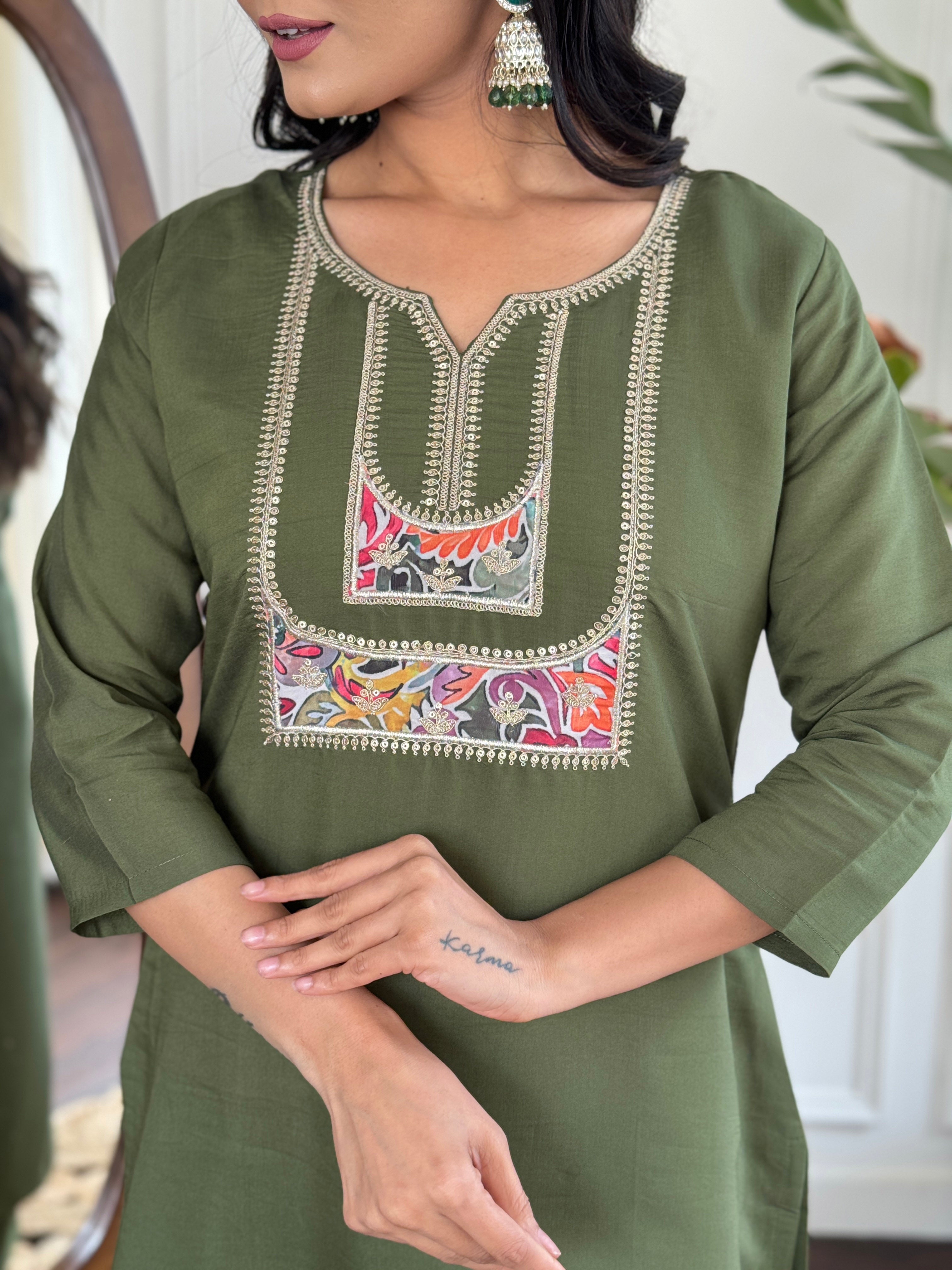 Women's Chanderi Green Kurta Set with Embroidered Yoke, 3/4 Sleeve, Round-Neck, Floral Printed Dupatta